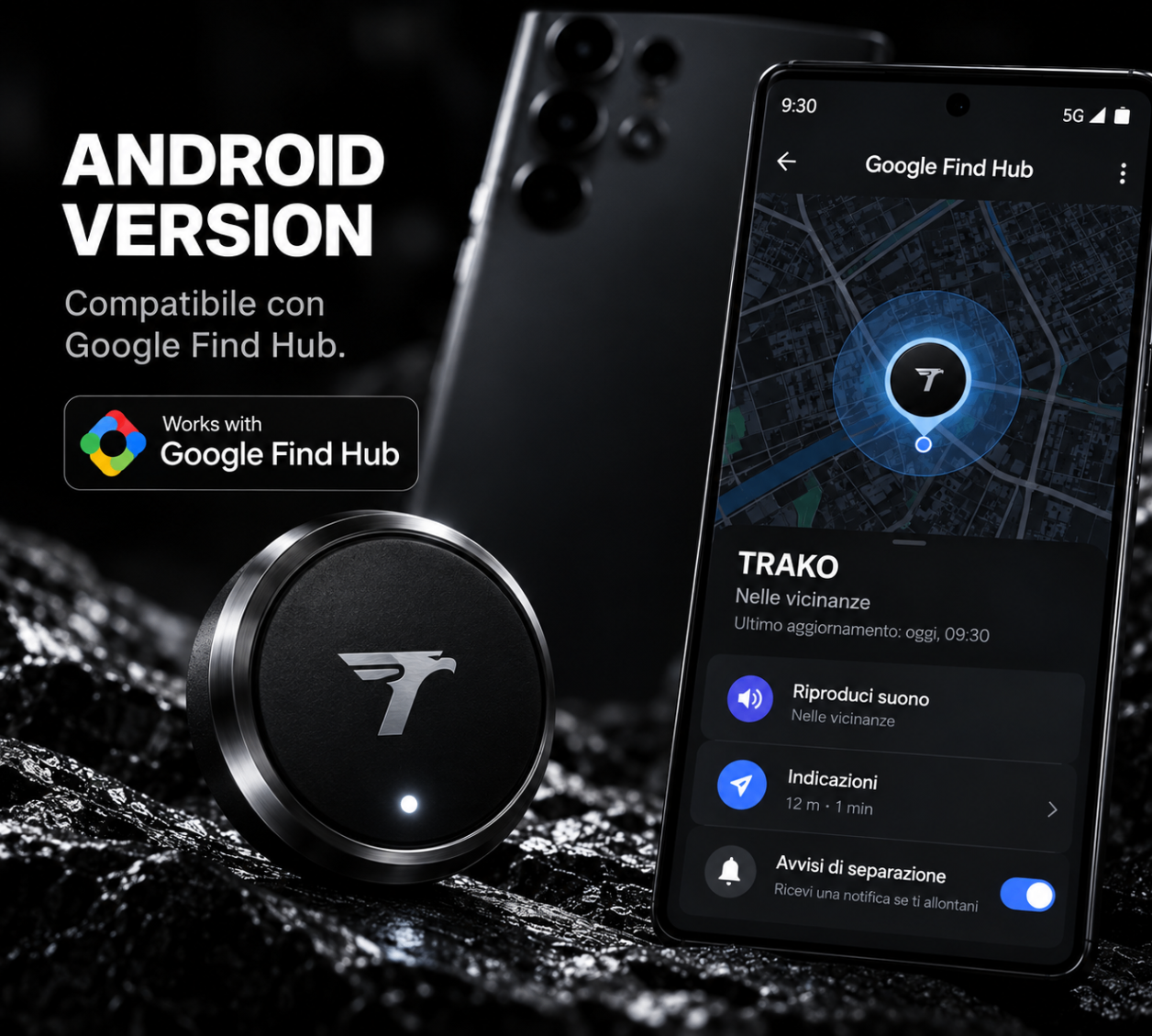 TRAKO con Android e badge Works with Google Find Hub
