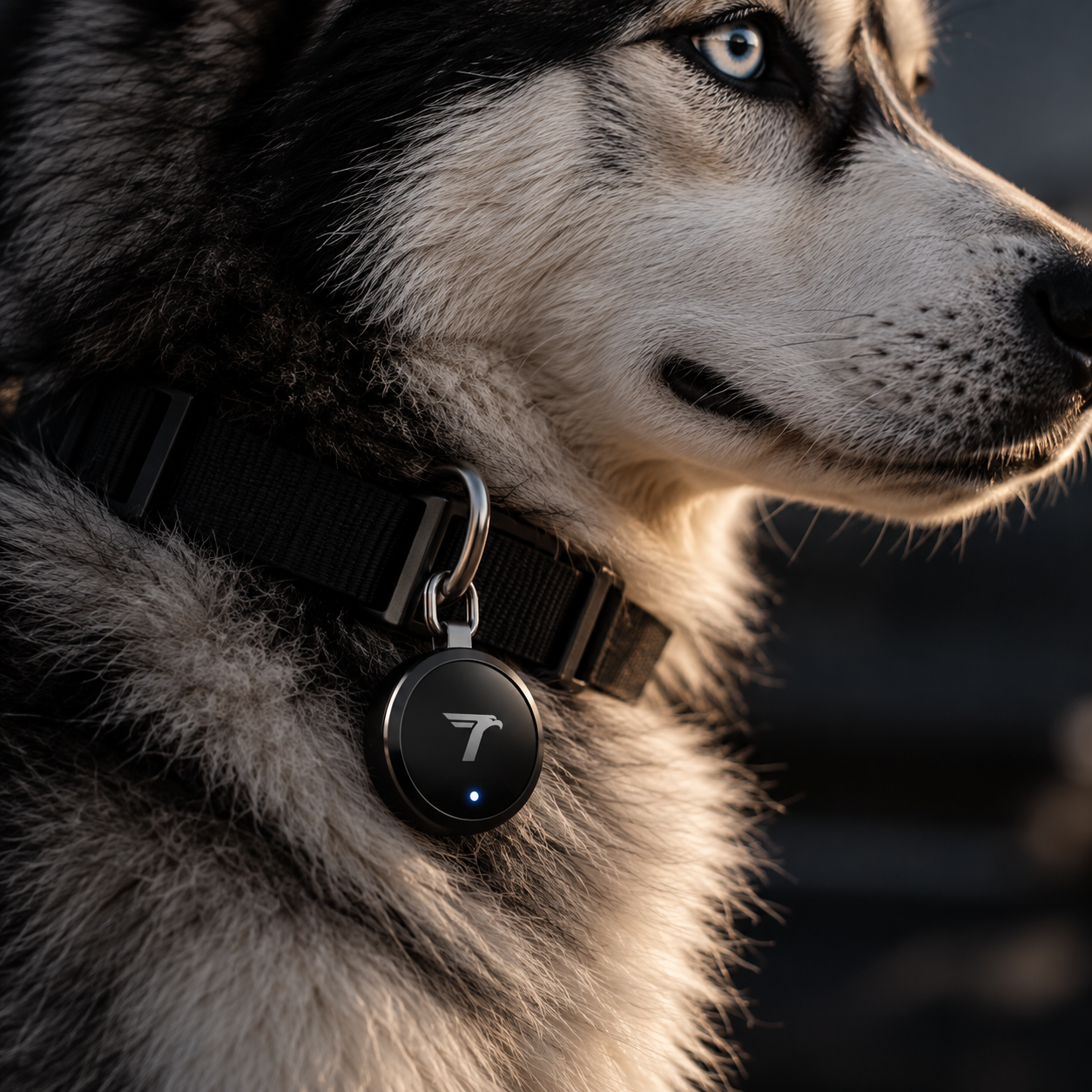Dettaglio del TRAKO sul collare di un husky