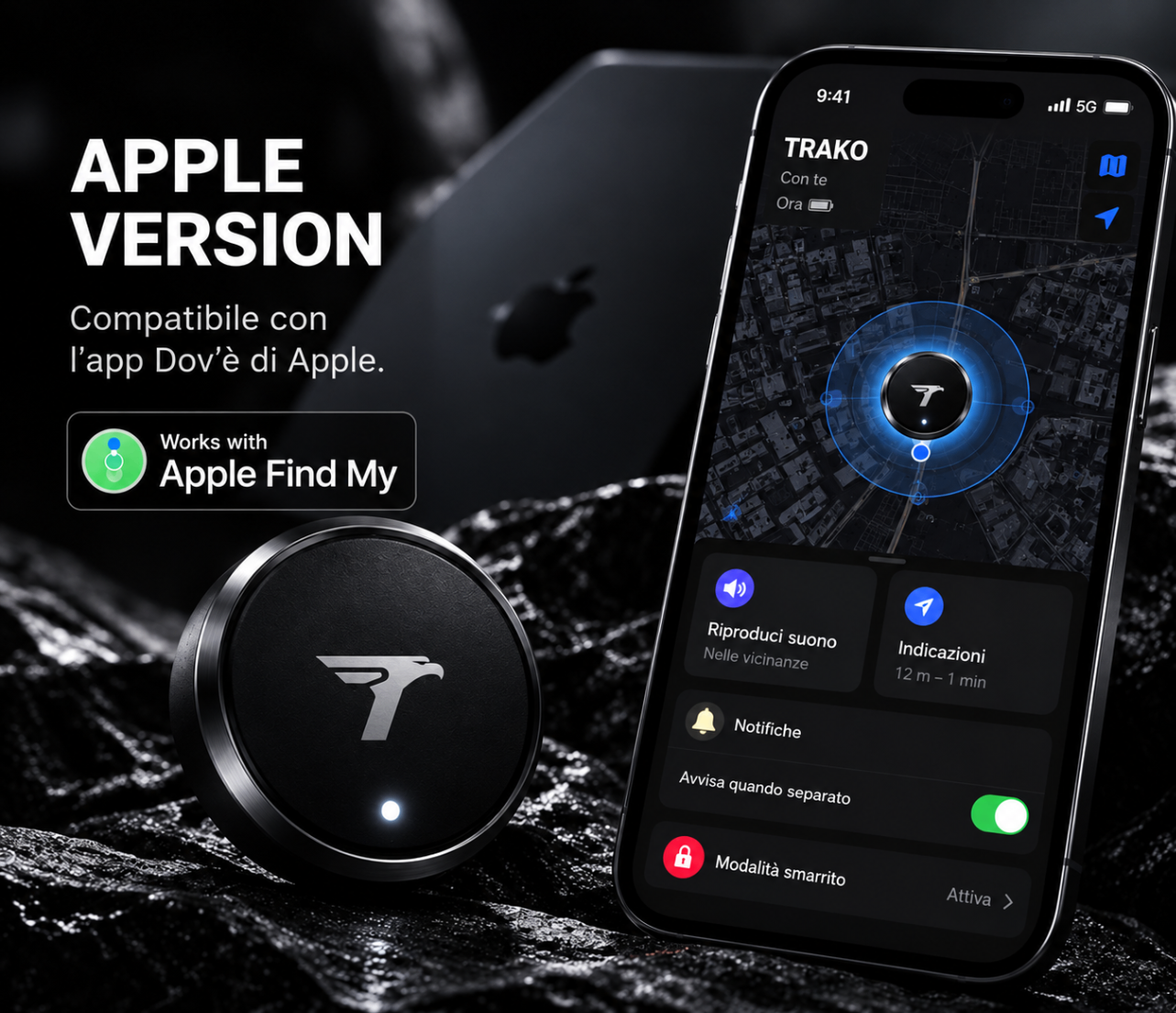 TRAKO con iPhone e badge Works with Apple Find My